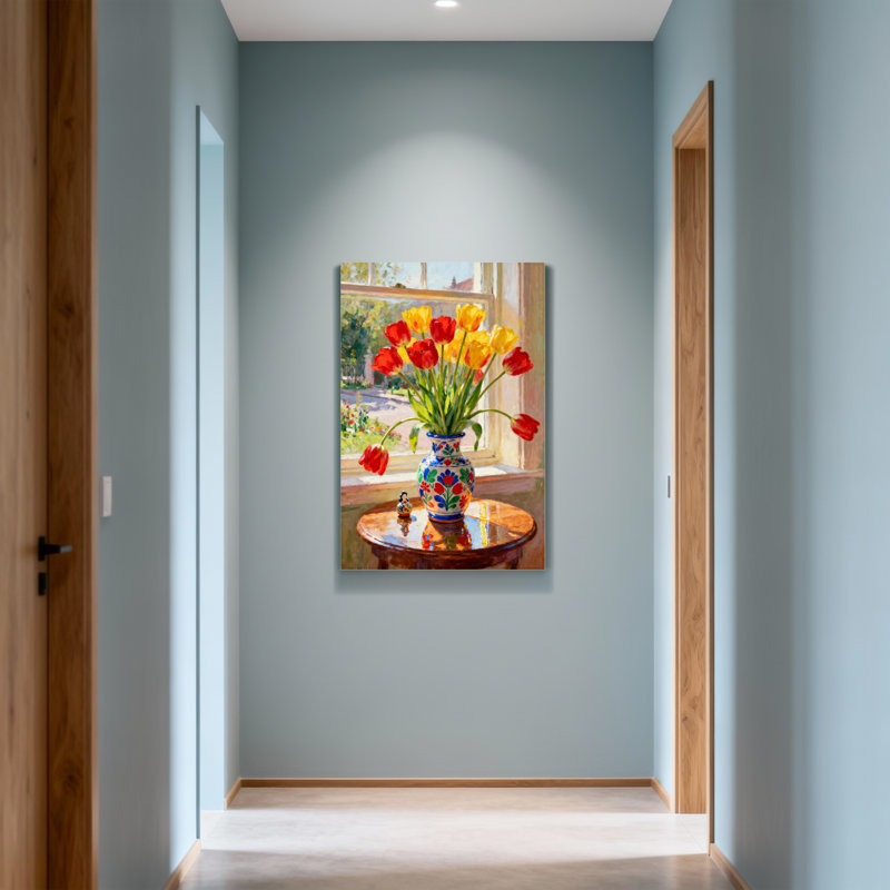 Plantes et fleurs, tulipes colorées dans un vase près de la fenêtre, H 16 po x l 24 po