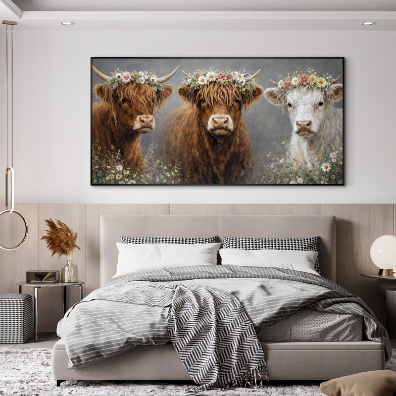 Très grand reproduction d'art sur toile - Portrait de vache brune décor de salle à manger de ferme - "Assemblage requis (cadre non fini)"