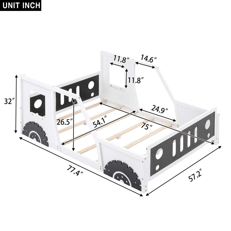 Twin Size Classic Car-Shaped Platform Bed With Wheels, Full, White