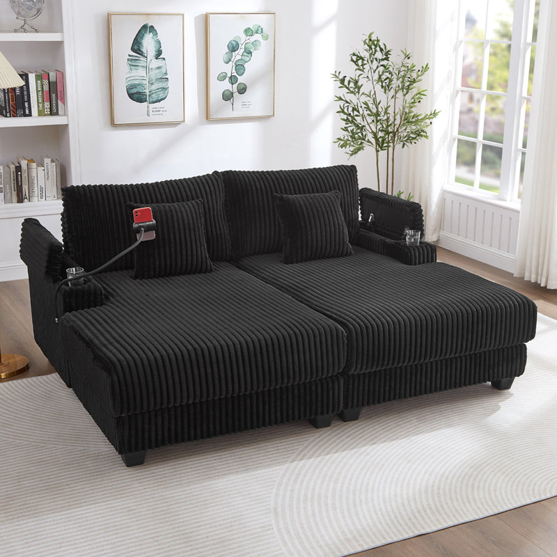 Canapé moderne avec méridienne 75,5 po Canapé-lit Canapé-lit avec dossier réglable, porte-gobelets, porte-téléphone et compartiments de rangement pour le salon