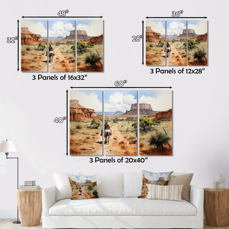 Cowboy Dusty Trails I sur toile, reproduction de 3 pièces, H 28 po x l 36 po x P 1 po