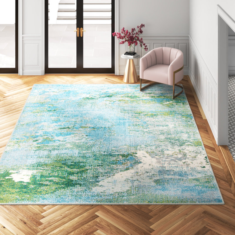 Tapis bleu clair / vert Etta, Rectangle 9 pi x 12 pi, Light Blue/Green