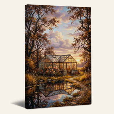 Glass Greenhouse in Autumn Forest with Pond Reflection Canvas Wall Art