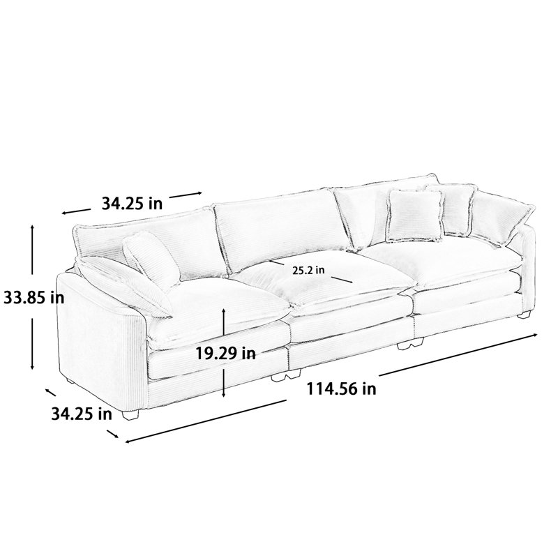 Canapé modulaire Mid-Century 3 places avec 2 accoudoirs et 3 coussins