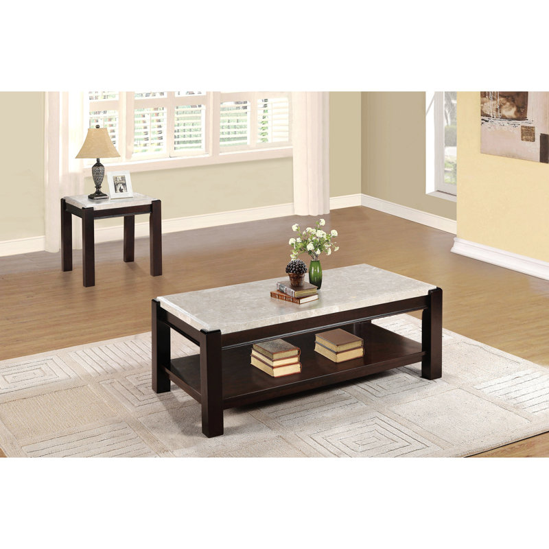 Table de bout en marbre véritable avec table en bois de cerisier foncé