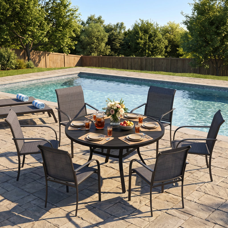 6-Person Patio dining set with Round Dining Table and 6 Stackable Armrest Chairs, Gray/Black