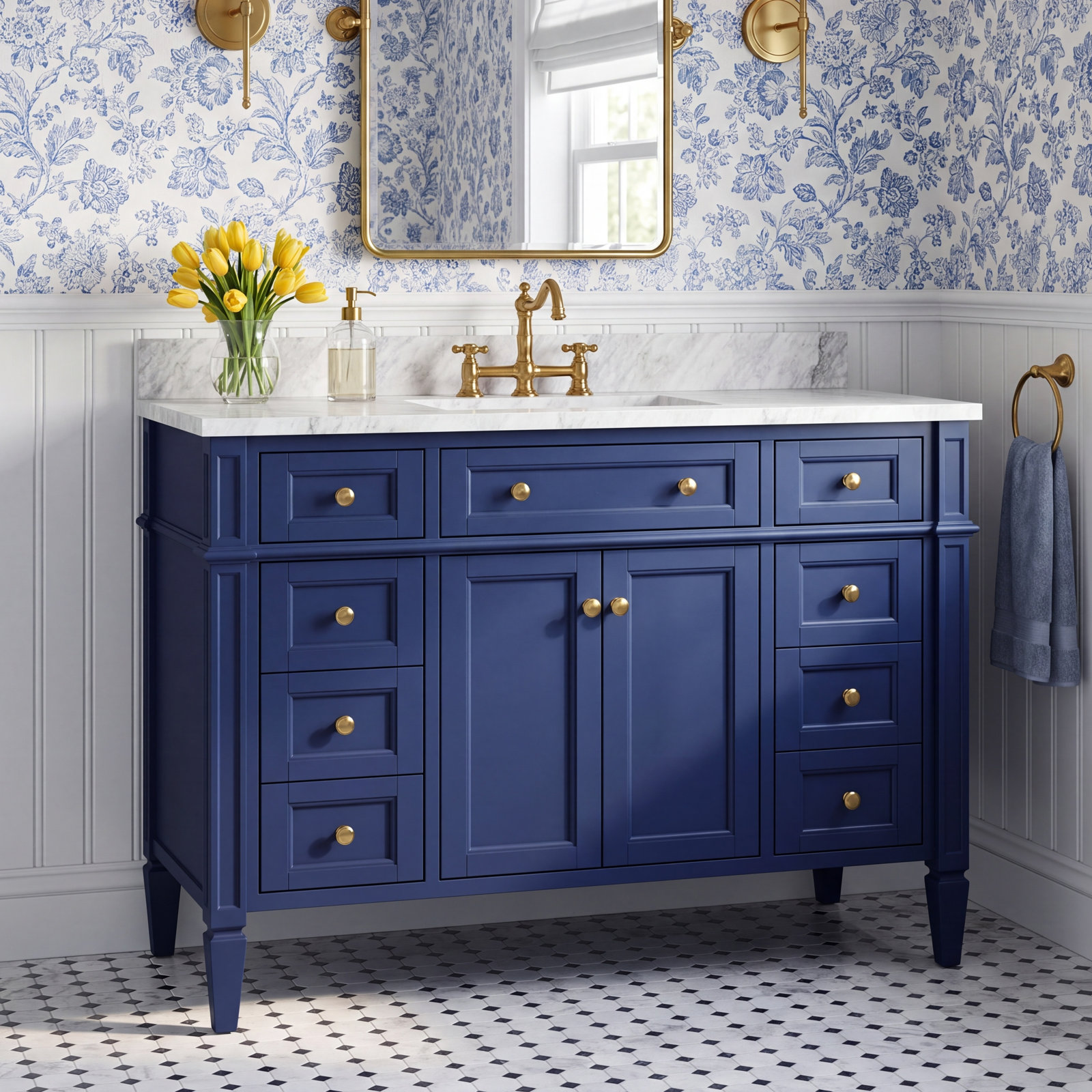 48 " Carrara Marble Single Bathroom Vanity, Royal Blue