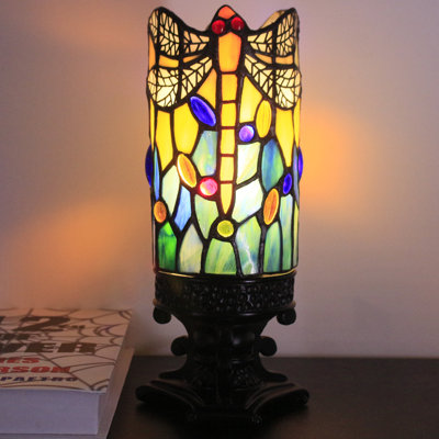 Small Tiffany Table Lamp Yellow Dragonfly Style Mini Stained Glass Desk Lamp 4X10 INCH