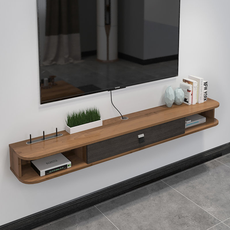 Walnut Floating TV Stand for 65- 70" TV, Modern Wood Media Console Table with Storage, Wall Mounted Small Entertainment Centre