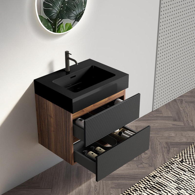 Meuble-lavabo avec lavabo en quartz, Noir, 24"
