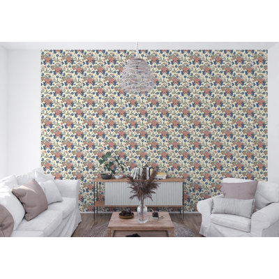 Vintage Floral Ivory Wallpaper, 125"H x 25"W, Vinyl Peel and Stick