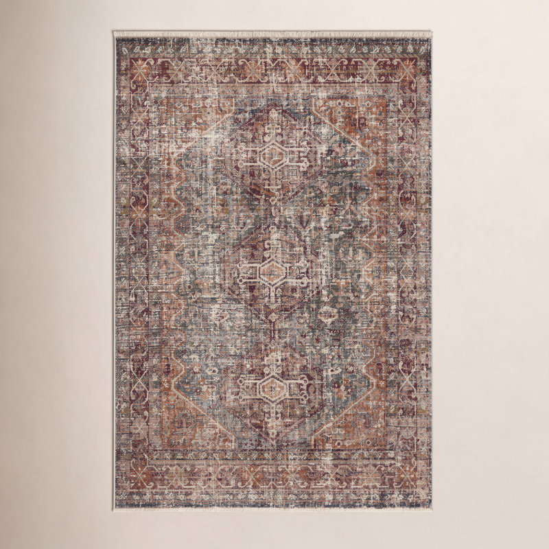 Tapis oriental en polypropylène tissé à la machine en rouge / bleu / brun Clemente, Rectangle 10 pi x 14 pi
