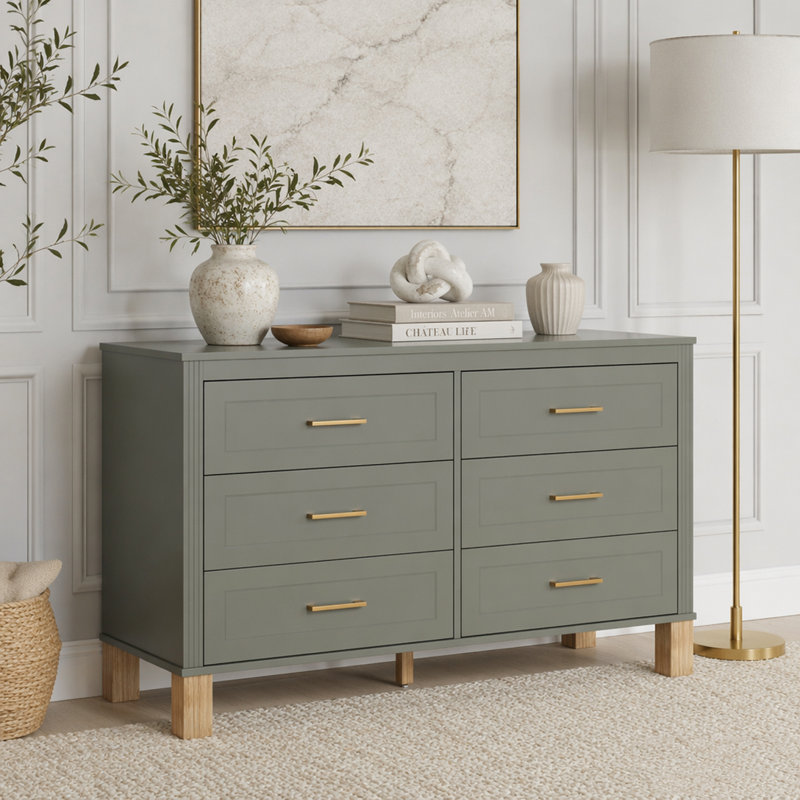 Modern 6-Drawer Double Dresser in Grey with Metal Handles and Solid Wood Legs, Olive