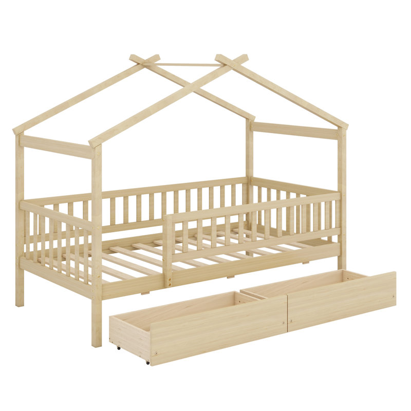 Lit en bois avec deux tiroirs, Naturel