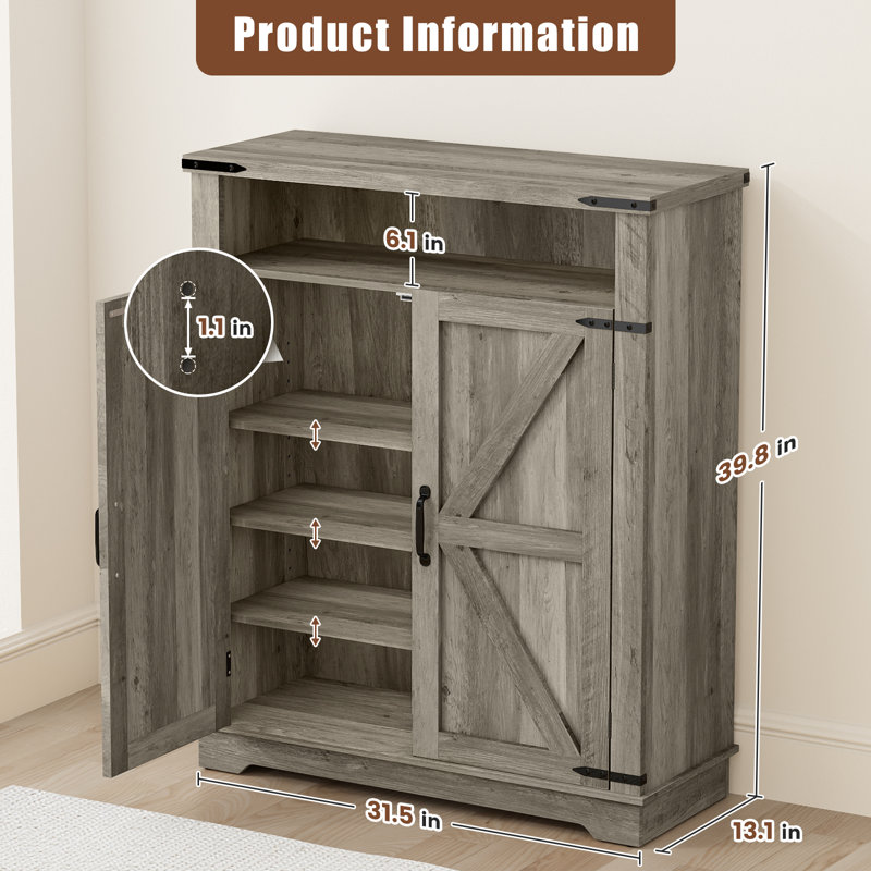 Armoire de rangement pour chaussures de ferme 32 po avec portes de grange, rangement pour hall d'entrée en bois avec tablette ouverte à 2 niveaux et tablettes réglables