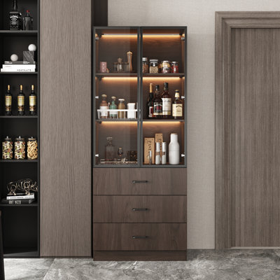 Modern Aluminum Frame Bookcase With Tempered Glass Doors, 3-Color LED Lighting, And Storage Drawers