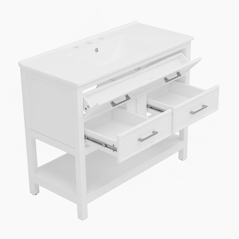Meuble-lavabo 36 po avec lavabo en céramique, meuble-lavabo avec plateau basculant et 2 tiroirs pleine extension, poignées argentées et glissières à fermeture en douceur, 1 tablette ouverte en bas, blanc