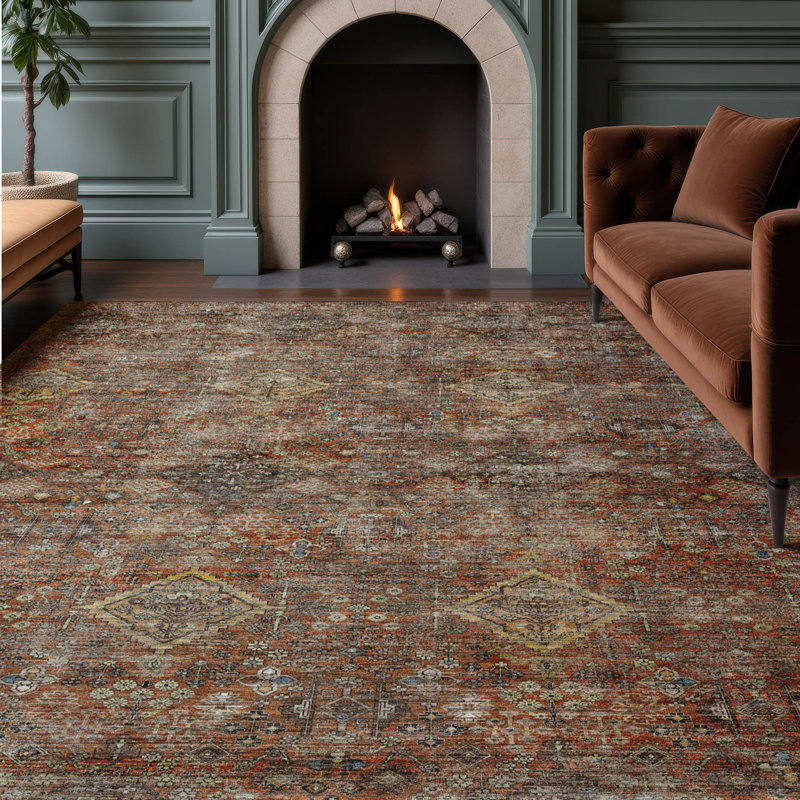 Tapis traditionnel de qualité supérieure lavable à la machine Tirico ATI21, Paprika, 10 pi x 14 pi