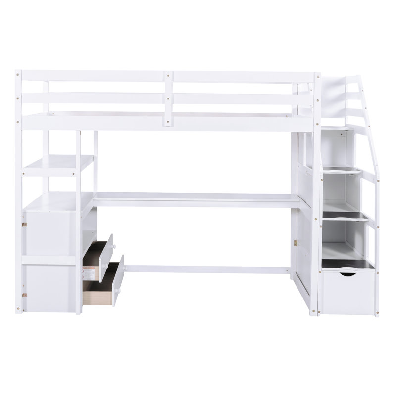 Loft Bed With Desk,Shelves,Two Built-In Drawers And Storage Staircase, White, Twin