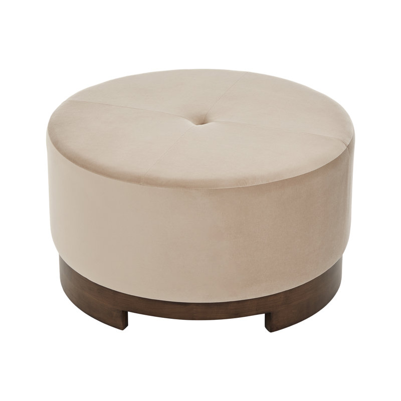 Elmcrest Round Mid-century Modern Upholstered Ottoman with Solid Wood Base, Camel Velvet