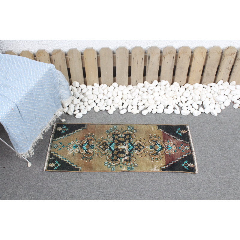 Vintage Small Turkish Oushak Rug Ideal for Wall Hanging or as a Green Kitchen Area Rug