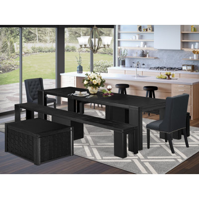 Ensemble de table de salle à manger moderne 5 pièces comprenant une table de cuisine rectangulaire, 2 bancs en bois et 2 chaises de salle à manger en tissu de lin noir, noir brossé