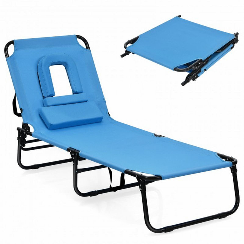Chaise longue d'extérieur pliante pour chaise longue de plage avec dossier et trou réglables, Bleu