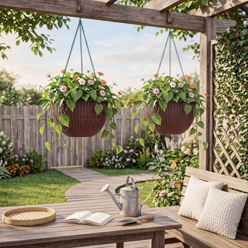 2 pièces Panier à fleurs suspendu avec bouchon de drainage pour plantes d'intérieur et d'extérieur, Brun
