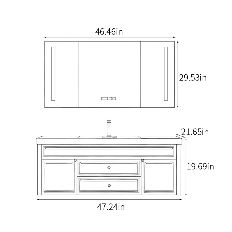 American light luxury retro style bathroom cabinet, H 19,69 po x l 47,24 po x P 21,65 po, Noir
