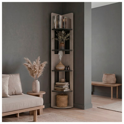 Bibliothèque de coin Positano à 5 étagères avec rangement, meuble de présentation en bois aggloméré finition wengé pour salon