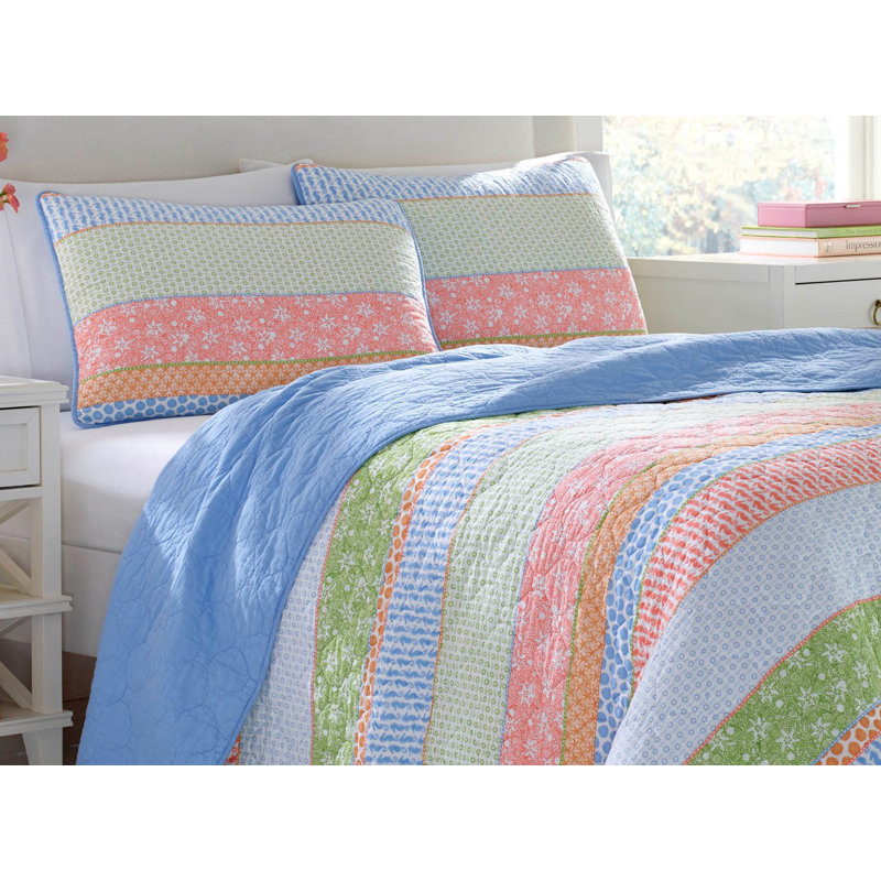 Ensemble de courtepointe réversible multicolore Charlie 100% coton, Courtepointe simple et 1 taie décorative