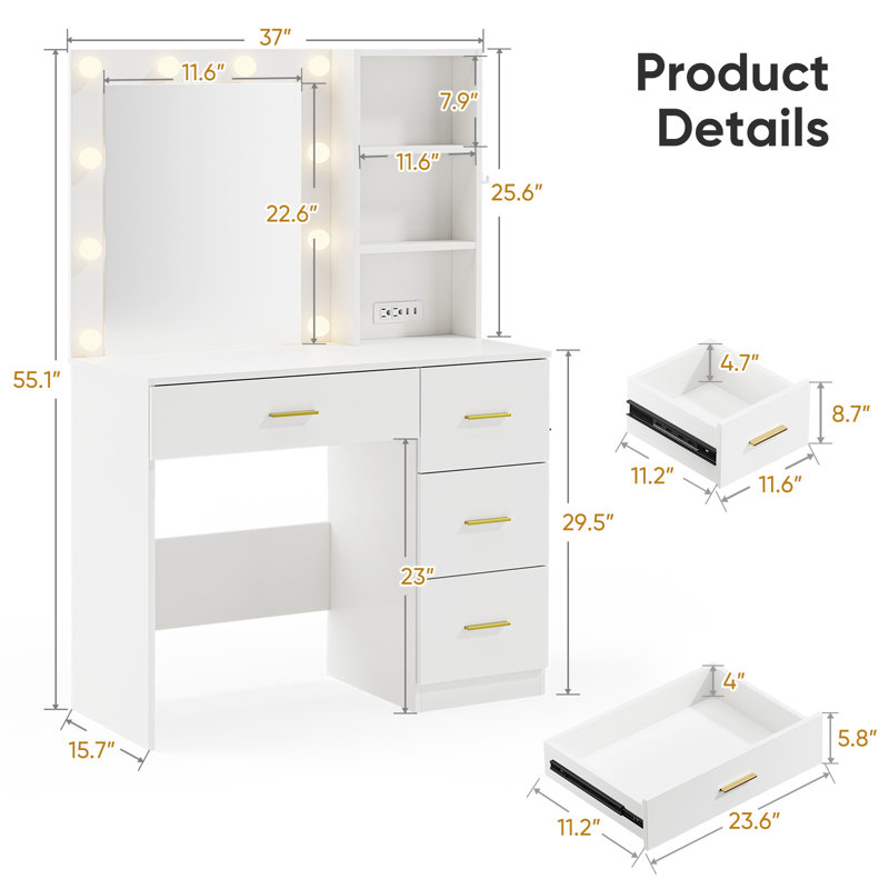 White Vanity Desk With LED Lighted Mirror, Makeup Vanity Desk With 4 Drawers Storage & Power Outlet