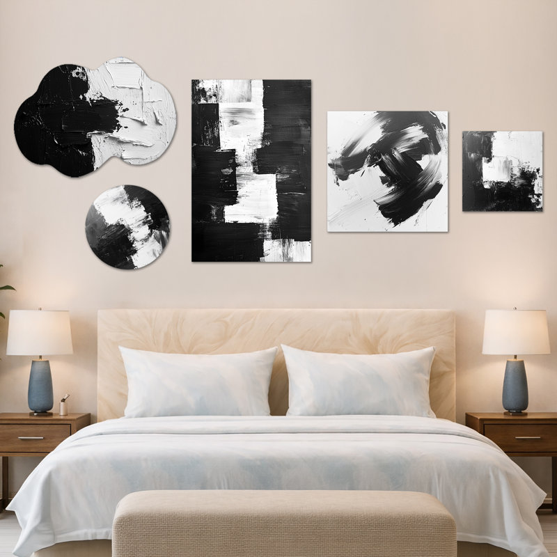 Ensemble de 5 pièces monochromes dérive des ombres dans le noir I - Grand art mural abstrait, toile et métal (100 po x 40 po)