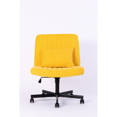 Cross Yellow Linen Armless Office Chair With Wheels, For Home Office, , Makeup Areas, Enhanced Stability And 360 Swivel Ideal Makeup, Offering Adjustable Tilt Comfortable Seating