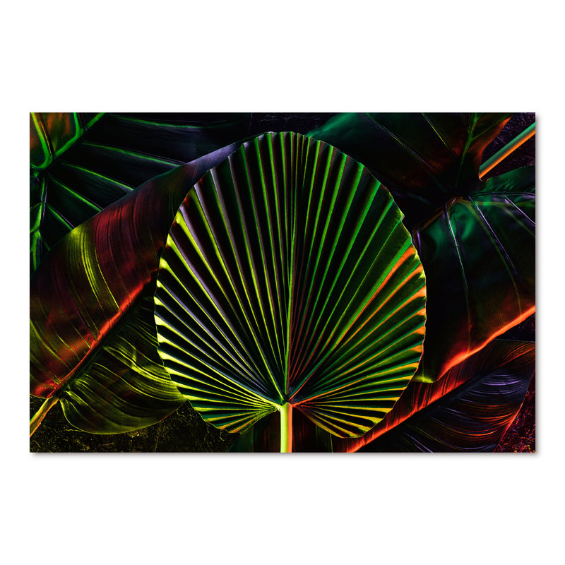 Feuilles tropicales ton sur ton noir I - peinture sur toile, H 40 po x l 60 po x P 1,5 po, Toile tendue