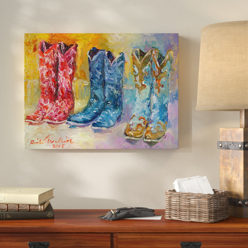« cowboy bottes », impression sur toile, H 14 po x l 19 po x P 2 po, Pas de tapis, Toile tendue