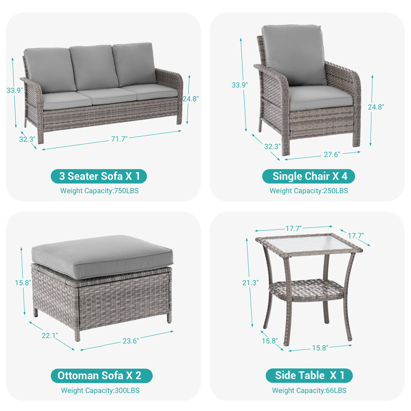 Ensemble de conversation pour patio 8 pièces avec coussin, Gris
