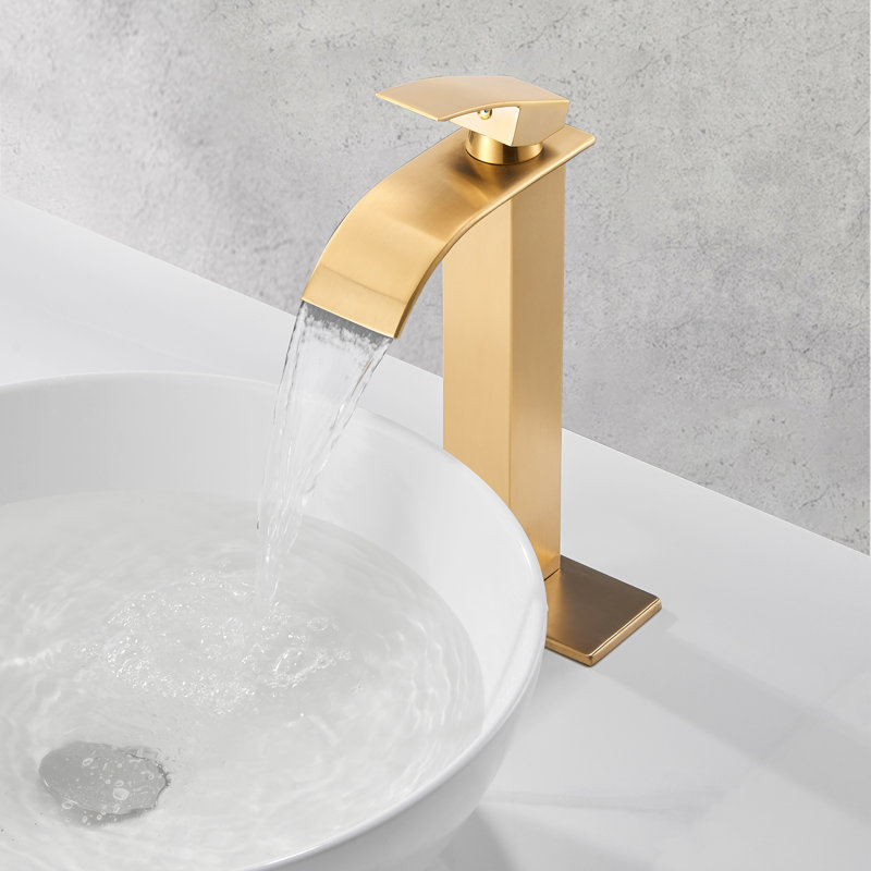 Single Handle Single Hole Waterfall Bathroom Sink Faucet with Deck Plate and Pop-Up Drain Assembly, Brushed Gold