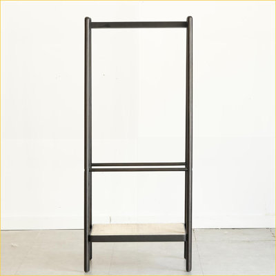 Coat Rack with Shelves, Solid Oak Wood &amp; Black Rattan Standing Garment Rack | Black | Solid Wood