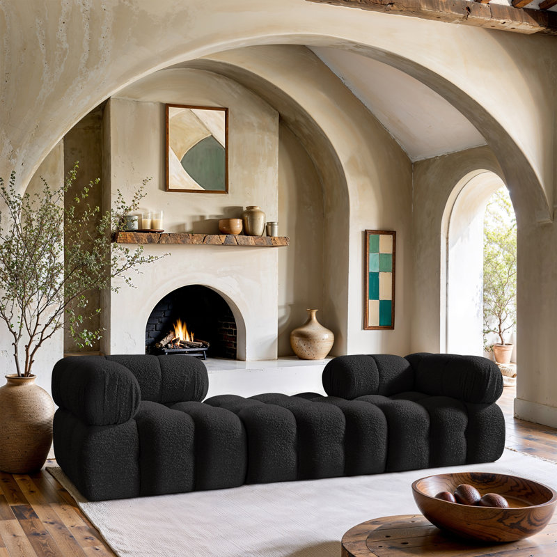Ames Upholstered Sofa, Black Boucle Fabric, 2 Corner, 1 Ottoman