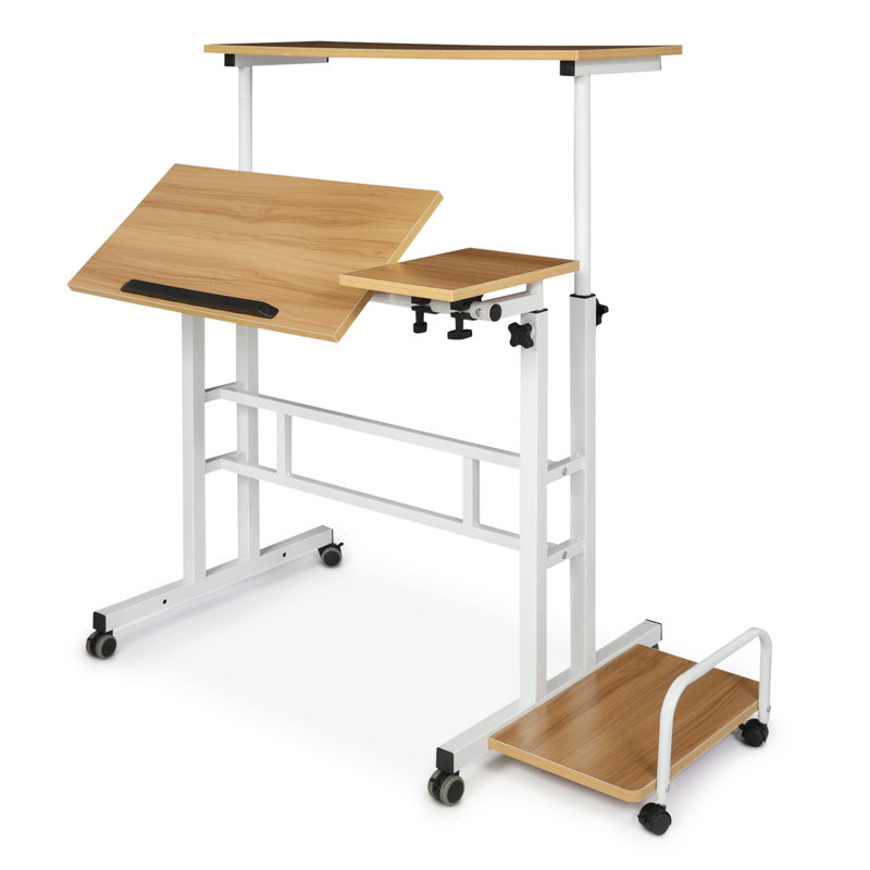 Mobile Computer Desk Workstation, Rolling Laptop Standing Table with Monitor Shelf and Host Rack, Natural/White