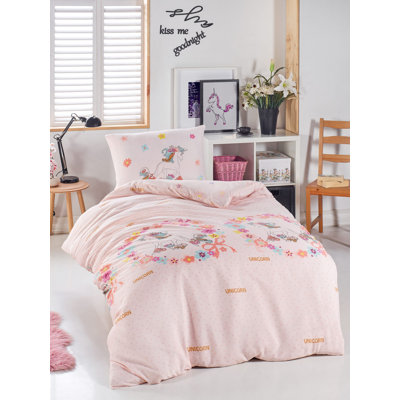 Ensemble de housse de couette simple 100% coton et polyester, 55,1 po x 78,7 po | Comprend 1 taie d'oreiller de 19,7 po x 27,6 po | Lavable à la machine, fermeture à boutons, motif crème, rose, orange, jaune et turquoise, confortable et élégant