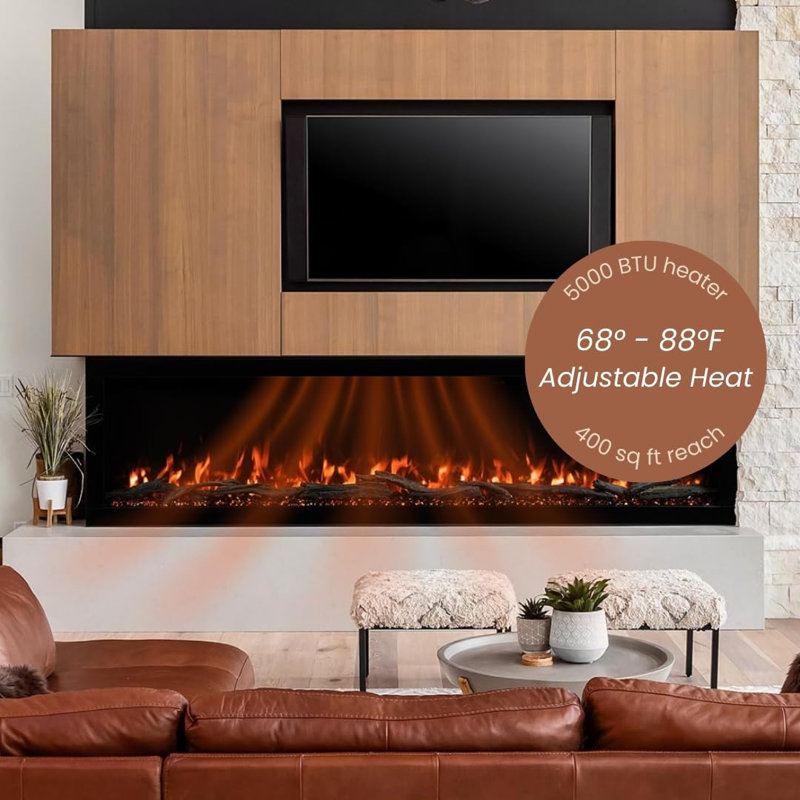 Highmark 100" Recessed or Wall Mounted Electric Fireplace Heater, 10 Flame Colors, Google & Alexa Compatible, Logs & Crystals, Remote Control