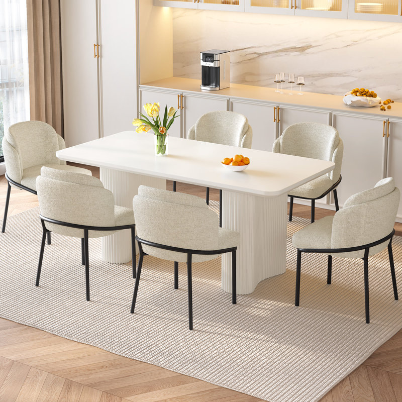 62.99" Modern Rectangle Cream White Dining Table Set with 6 Chairs for Kitchen, Bar, Living Room, 7 Pieces: Table, 6 Chairs