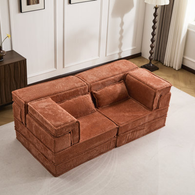Lit de plancher convertible orange surdimensionné moderne, Mahjong à compression avec conception modulaire et molleton circulaire pour les pièces utilitaires, tissu de haute qualité