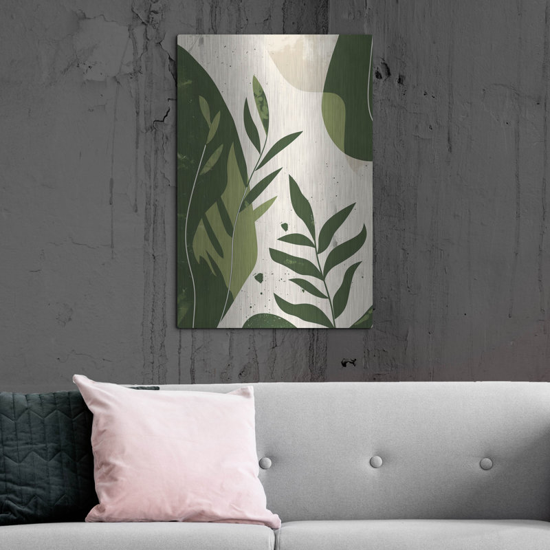 «Green Abstract Leaves No 2» par Andreas Magnusson, art mural en métal, 24 po x 36 po