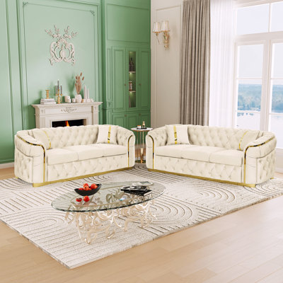 2 pièces Canapé-lit capitonné en velours 90,6 pouces avec 2 coussins, ensemble de canapé Chesterfield de luxe à 3 places avec accents en acier inoxydable doré pour le salon, velours italien 280G beige