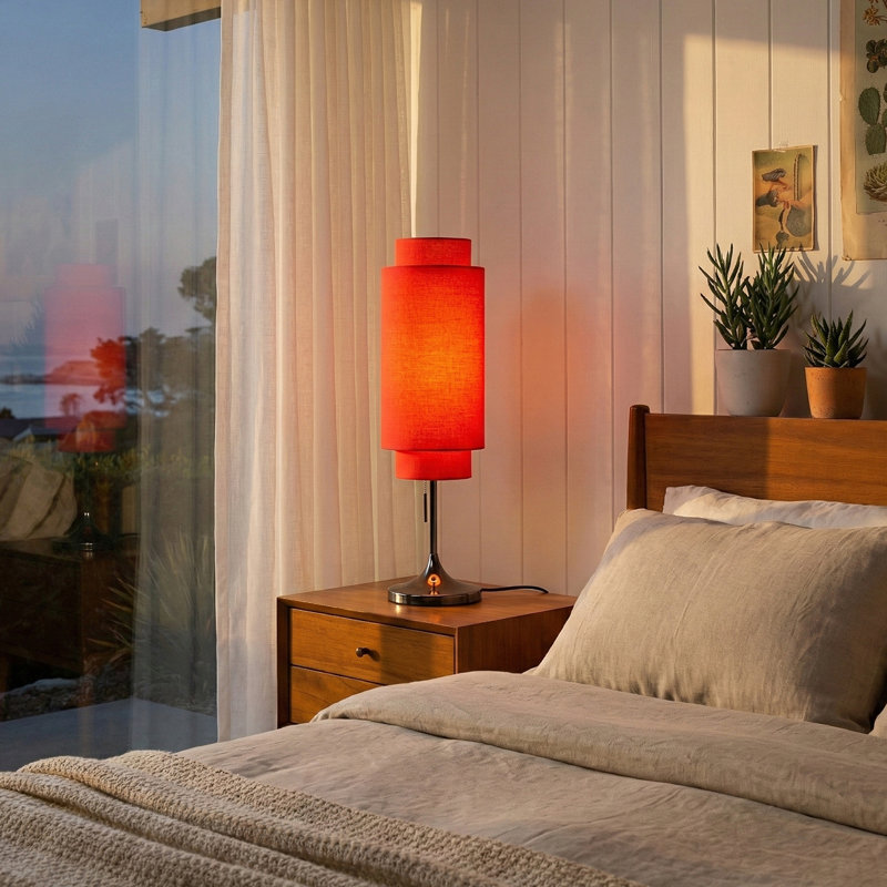 Lampe de table Lollipop - nickel noir, double abat-jour en lin, chaînette marche / arrêt, Rouge