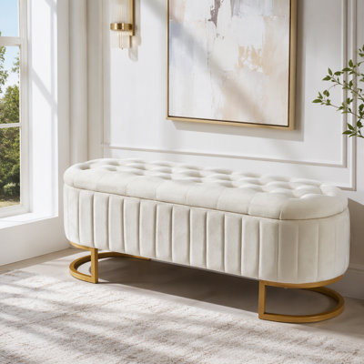 Velvet Button-Tufted Storage Ottoman with Metal Legs