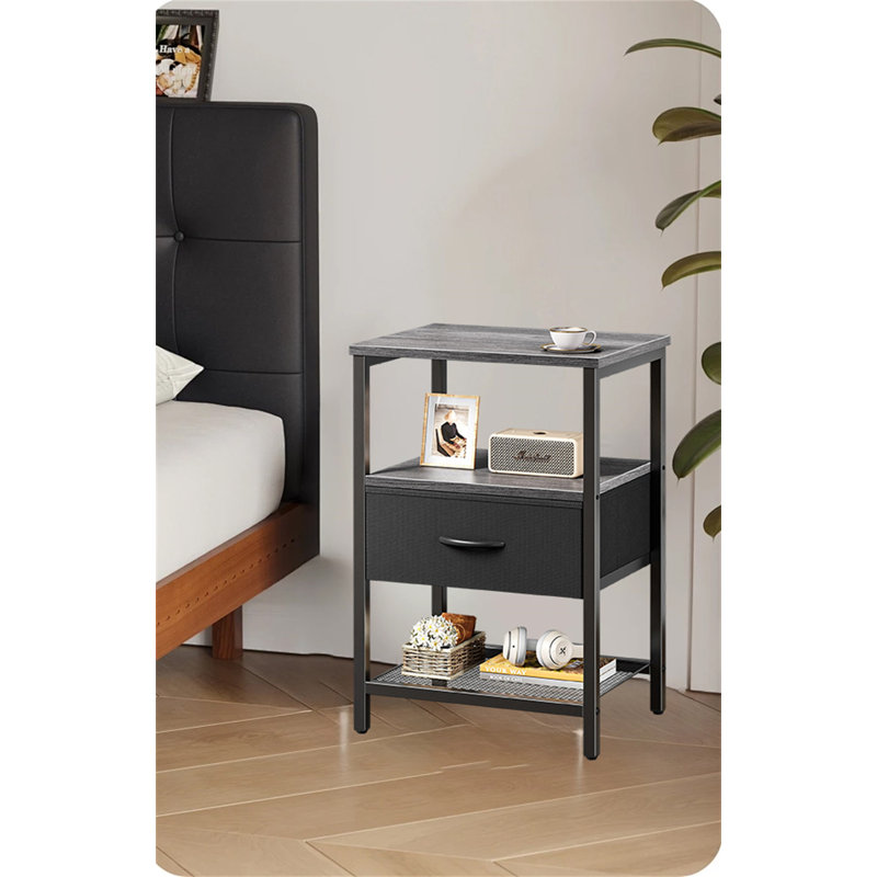 Modern Nightstand With Fabric Drawer & Mesh Shelf – Versatile Bedside Table For Any Space, Grey/Black